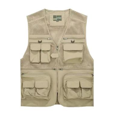 Imagem de Colete De Pesca Com Bolsos Masculino, Colete Masculino Plus Size Verão Ao Ar Livre Malha Respirável Zíper Multi Colete, Jaqueta Tática De Trabalho Destacável Para Viagem Safari(Light khaki,5X-Large)