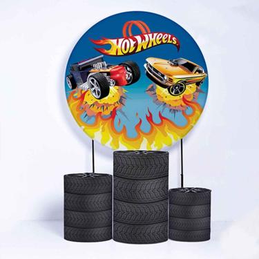 Imagem de Kit Painel de Festa Redondo de 1,50m e Trio de Cilindros Hot Wheels - Fera Print