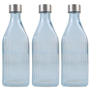Imagem de Kit 3 Garrafas Quadrada De Vidro Canelado com Tampa 1l Colorida para Geladeira (Azul)