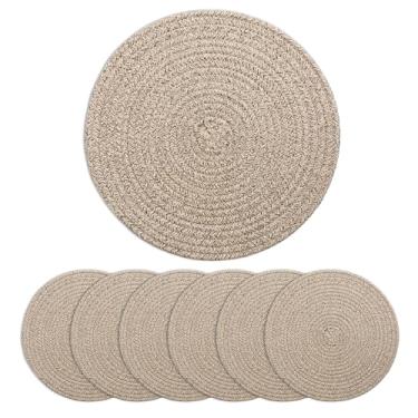 Imagem de MEGASKET Jogo americano conjunto de 6 tapetes de mesa redondos de 33 cm, jogo americano de corda de algodão para cozinha e mesa de jantar, tapetes de vime de vime de fazenda para decoração