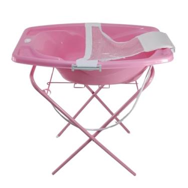 Imagem de BANHEIRA PARA BEBÊ 25 LITROS COM VÁLVULA SUPORTE E REDE ROSA AZUL BRANCA (Rosa + Suporte Rosa)