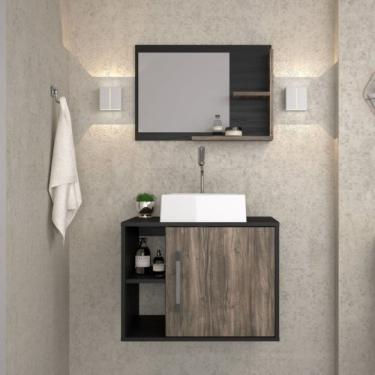 Imagem de Conjunto para Banheiro Gabinete com Cuba Quadrada Q32 e Espelheira Laura Preto ônix Carvalho Dark