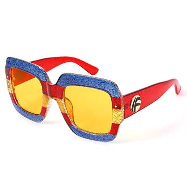 Imagem de FEISEDY Óculos de sol retrô modernos quadrados para mulheres, grandes, elegantes, inspirados, vintage, Desinger B2276, Armação azul brilhante/lente amarela 008, 54mm