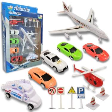 Imagem de Kit Avião Aeroporto Brinquedo Carrinhos Miniatura Helicóptero Placas Sinalizadoras (KIT01aeroporto)