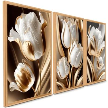 Imagem de 2025 Quadros Decorativos Flor Tulipa Branca Dourada 3 Peças Mosaico Sala Quarto Escritório (03, Tamanho 20x30 Centímetros)