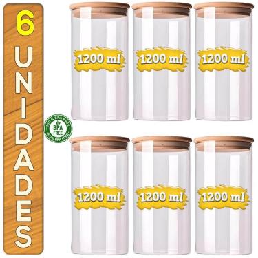 Imagem de Jogo 6 Potes De Vidro Premium 1200ml Frasco Hermético Condimentos Temperos Tampa De Bambu