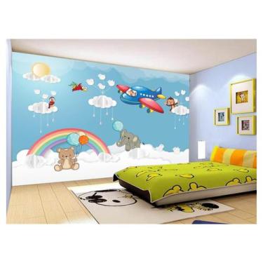 Imagem de Papel De Parede Infantil Nuvens Animais Avião 3,5M Azs351 - Você Decor