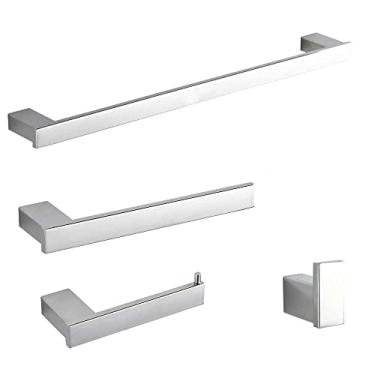 Imagem de Conjunto de banheiro em aço inoxidável 304 - Suporte para papel higiênico preto fosco, porta-escovas de dentes e barra para toalhas | 3 peças, cromado