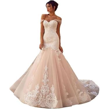 Imagem de Vestido De Noiva Sereia Ombro A Ombro Feminino Lace Applique Vestido De Noiva Vestido De Tule, Champagne, 8