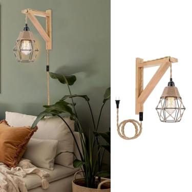 Imagem de Arandelas de parede E27 Plug in Rústico Antigo Lâmpada de Parede com Interruptor Arandela de Parede com Suporte de Madeira Cabo de Corda Industrial Gaiola de Metal para Cozinha Ilha Quinta Sala de
