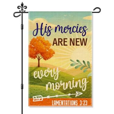 Imagem de Xipromi His Mercies Are New Every Morning Garden Flag, bandeira de jardim com escrituras bíblicas engraçadas para fora, decoração de verão e outono, presentes religiosos para família, presentes de fé