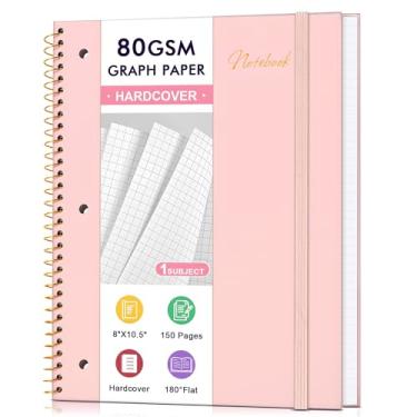 Imagem de Caderno de papel milimetrado, caderno de papel quadriculado espesso de 80 g/m2 de 80 g/m2 x 26 cm, capa dura, espiral, para trabalho escolar, mulheres, homens, caderno gráfico para escrever, rosa