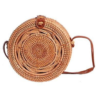 Imagem de SHAREYOIU Bolsas de ombro redondas de vime feitas à mão, estilo tropical de praia natural chique com alça de couro, Nl, BIG ,7.87 x 3.2 inches