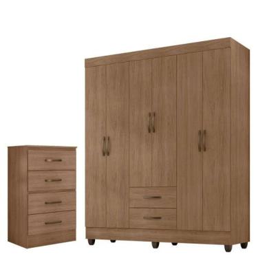 Imagem de Kit Guarda-roupa Casal 6 Portas Com Cômoda 4 Gavetas Lisa Carvalho Oak
