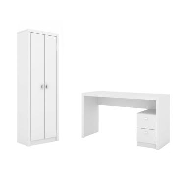Imagem de Escritório com Mesa para Computador 2 Gavetas Com Armário 2 Portas Branco - FdECOR