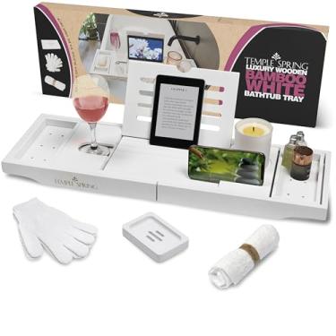 Imagem de Temple Spring Bandeja de banheira de madeira, acessórios de banheiro de bambu, bandeja de banho para banheira, essenciais de spa em casa, placa para mesa de banheira, suporte de banheiro para