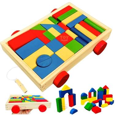 Imagem de Carrinho Blocos De Montar Colorido 30 peças Brinquedo Educativo Pedagogico feito em Madeira Reflorestamento Toy Trade