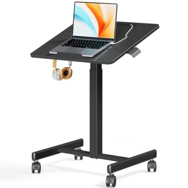 Imagem de JOY worker Mesa móvel pequena com mesa inclinada de 90°, mesa com rodinhas de altura ajustável de 59,9 cm x 52 cm, ganchos e compartimentos para dispositivos, 4 rodas bloqueáveis para escritório em