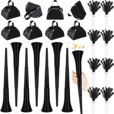 Imagem de Jenaai 24 Pcs Collapsible Stadium Horn Hand Clappers Metal Cowbells 24 Inch Vuvuzela Horn Plastic Trumpet Cheering Clappers Loud Call Bell for Sporting Events Graduation School Sports Party (Black)