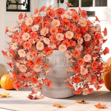 Imagem de Ivydale 2 peças de flores artificiais para pendurar no outono, petúnias falsas ao ar livre, flores artificiais de seda com eucalipto, plantas realistas resistentes a UV para decoração de jardim