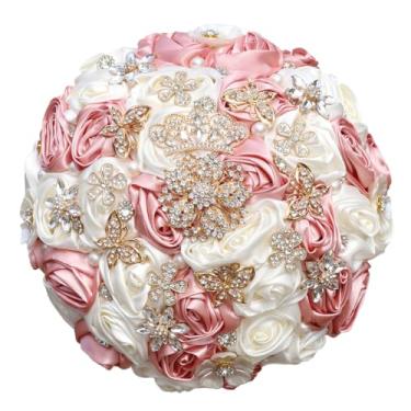 Imagem de Mhojpik Buquê de flores de casamento feito à mão com buquê redondo de rosas de cetim artificial para noiva, dama de honra, casamento, quinze anos