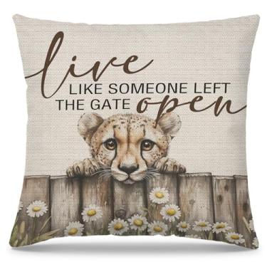 Imagem de PUHEI Capas de almofada de leopardo de guepardo 45 x 45, casa de fazenda rústica viva como alguém deixou o portão aberto floral leopardo fronhas para casa, quarto, sala de estar, decoração de quarto