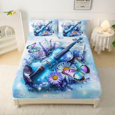 Imagem de QOOMO Jogo de lençol solteiro com estampa de violino, música infantil, 4 peças, instrumento musical, bolso profundo com 1 lençol com elástico, 1 lençol de cima e 2 fronhas para meninos e meninas