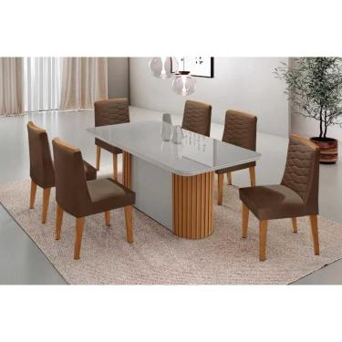 Imagem de Conjunto Sala de Jantar Pilar c/ Tampo Madeirado c/ Vidro Canto Curvo 180x90cm e 6 Cadeiras Maldivas Madeira Maciça Naturale/Off White - Capuccino/Sue