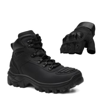 Imagem de Bota Militar Tática Couro Nobre Bico PVC Proteção Extrema + Luva Black Militar (Preto, BR, Adulto, Numérico, 42)