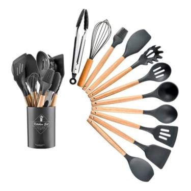 Imagem de Utensílio de Cozinha Conjunto Kit C/12 Utensílios De Cozinha Silicone Jogo Cabo Madeira Cor Preto