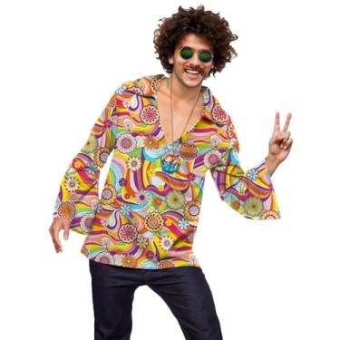 Imagem de Mainfini Fantasia masculina hippies vintage anos 70 com peruca barba óculos colar 3GG