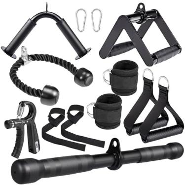 Imagem de Conjunto de acessórios de máquina de cabo 10 em 1 para academia - Inclui corda de tríceps, barra em V, barra reta, alça D, tiras de tornozelo/pulso, bolsa de armazenamento - compatível com máquinas de
