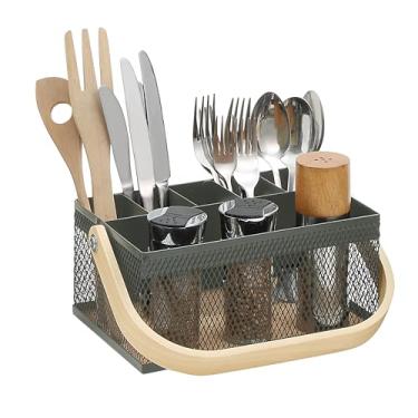 Imagem de SunnyPoint Organizador de utensílios com cabo de madeira compensada – organizador de talheres e talheres de malha de metal para cozinha, piquenique, festa, restaurante e eventos (exército)