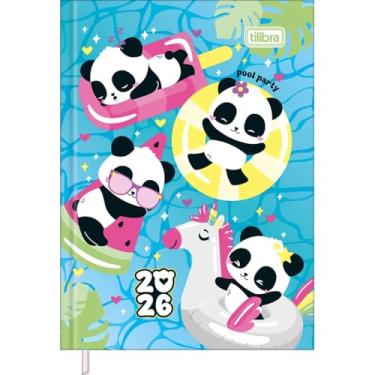 Imagem de Tilibra - Agenda Costurada Mini 7,8 x 10,8 cm Lovely Friend 2026 - Pandas - Fundo Azul Piscina