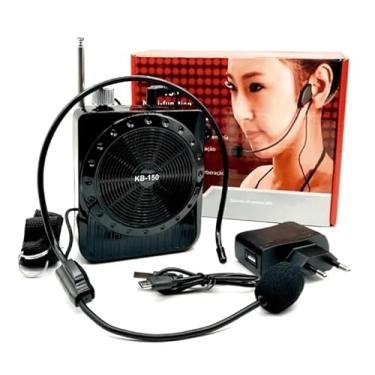 Imagem de Amplificador de Voz Portátil Megafone Bluetooth 5.0 KB-150 com Microfone, Rádio FM, USB, Cartão de Memória, Headset Ajustável e Bateria Recarregável para Aulas, Palestras e Eventos (Preta)
