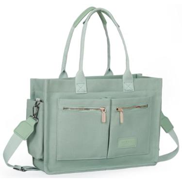 Imagem de ABCTAISK Bolsa feminina grande de lona com bolsos, bolsa transversal para laptop, bolsa para uso diário, bolsa de ombro Hobo para viagem e trabalho, Z elegante verde, Large
