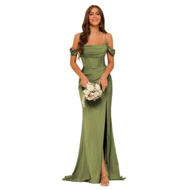 Imagem de Vestido de dama de honra Clothfun, cetim, sem fenda no ombro, verde ol