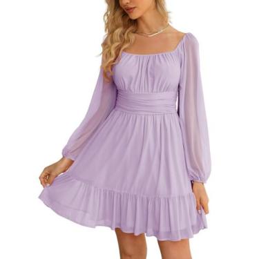 Imagem de Vestido Wenrine Mesh, manga comprida, gola quadrada, uma linha, roxo c