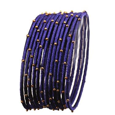 Imagem de Pulseira feminina Touchstone New Silk Thread Bangle Collection indiana Bollywood feita à mão de seda sintética visual exótico com contas douradas braceletes de designer conjunto de 12 unidades. Azul marinho