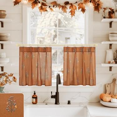 Imagem de Cortina de janela pequena de linho floral Boho para cozinha, banheiro, 45,7 cm de comprimento, prega de beliscar, laranja queimado