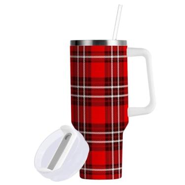 Imagem de Boccsty Copos de Natal xadrez xadrez com isolamento térmico vinho copo reutilizável de aço inoxidável 1,134 g xícara de café caneca de viagem garrafa de água com alça e canudo flip para escritório em