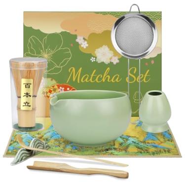 Imagem de HengLiSam Conjunto de 8 peças de batedor matcha, kit de cerâmica matcha, ferramentas de cerimônia de chá japonesa com tigela matcha, batedor de bambu, suporte, peneira, colher, pano de chá, colher e