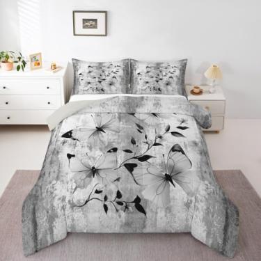 Imagem de Erosebridal Conjunto de cama King com borboleta cinza, pintura a óleo, rústica, coleção de cama de fazenda, cinza, branco, borboletas, conjunto de edredom