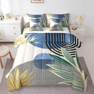 Imagem de Erosebridal Jogo de cama moderno de meados do século, boêmio, moderno, 7 peças, arte abstrata minimalista, lençol em uma bolsa, geométrico, curva, folhas, estetica, com edredom, azul e verde