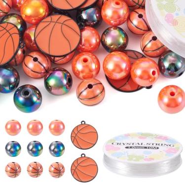 Imagem de Beadthoven 56 peças de contas de basquete esportivas, kit de fabricação de joias, contas de chiclete grossas de acrílico de 16 mm, laranja, lindos pingentes esmaltados com fio elástico para artesanato