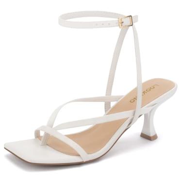 Imagem de Lookyno Sandália feminina de salto gatinho com tiras com cadarço e bico aberto, salto alto, tira no tornozelo, chinelos para festas casuais, Branco, 38
