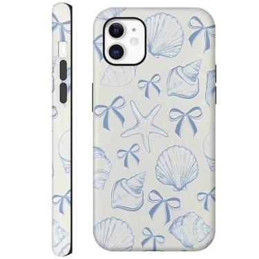 Imagem de CAINAT Capas estéticas para iPhone 11, design de concha de laço azul, capa protetora híbrida rígida de 2 camadas para mulheres e meninas