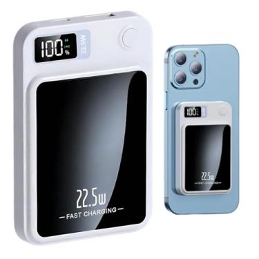 Imagem de Power Bank 10000mAh Carregador Leve Bateria Universal Portátil com Indução 22,5W PD Carga Rápida Display LED Indicador Saída/Entrada USB-A USB-C Tipo-C Compatível com iPhone 16/15/14/13/12/11 (Branco)