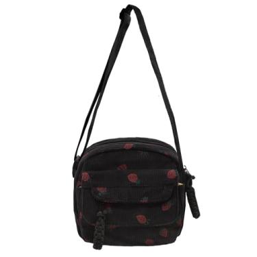 Imagem de Long Keeper Bolsa tiracolo feminina de veludo cotelê fofa bolsa de ombro de morango bolsa carteiro para telefone bolsa transversal bolsa de mão, Morango preto, Linda bolsa tiracolo com estampa de
