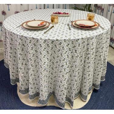 Imagem de Ridhi Toalha de mesa redonda – Toalha de mesa 100% algodão reutilizável indiano azul claro 285 cm decorativa para jantar, casa, festa, casamento, fazenda, outono, Ação de Graças